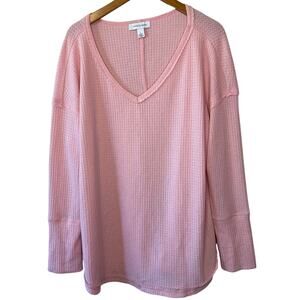Vintage X America Cozy Pink V Neck Waffle Knit Long Sleeve Oversized Tee Large